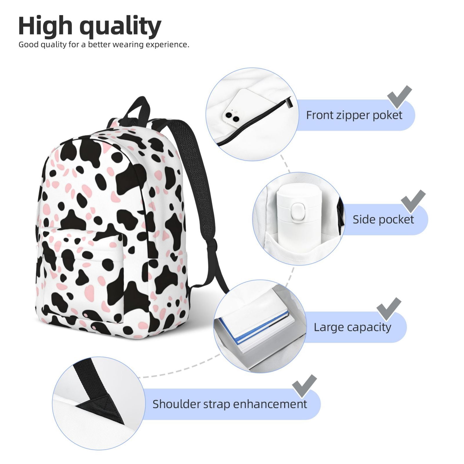 Casual Canvas Backpack Without Interlayer Large Capacity Stick Bag Design For Outdoor Shopping Office Outdoor Sports Simple Cow Print Pattern White Background, Pink And White_1 Medium