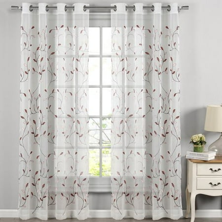 Wavy Leaves Embroidered Sheer Extra Wide 54 X 84 Grommet Curtain