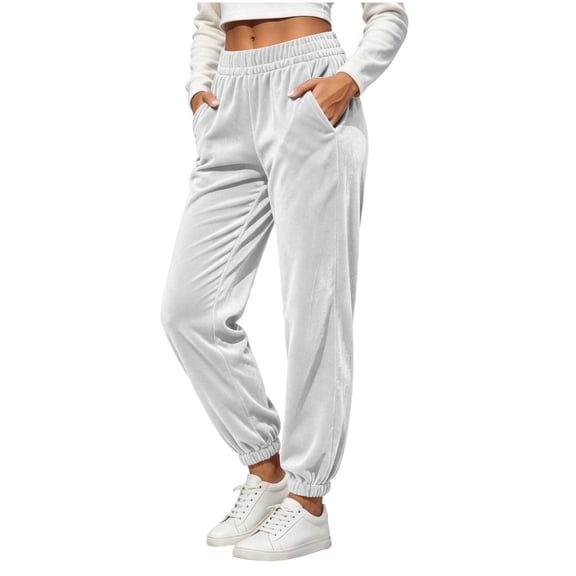 Yerovir Velour Pants for Women Velvet Holiday Elastic Waist Tapered Joggers Fall Winter Casual Lounge Pants with Pockets(White,X-Large)