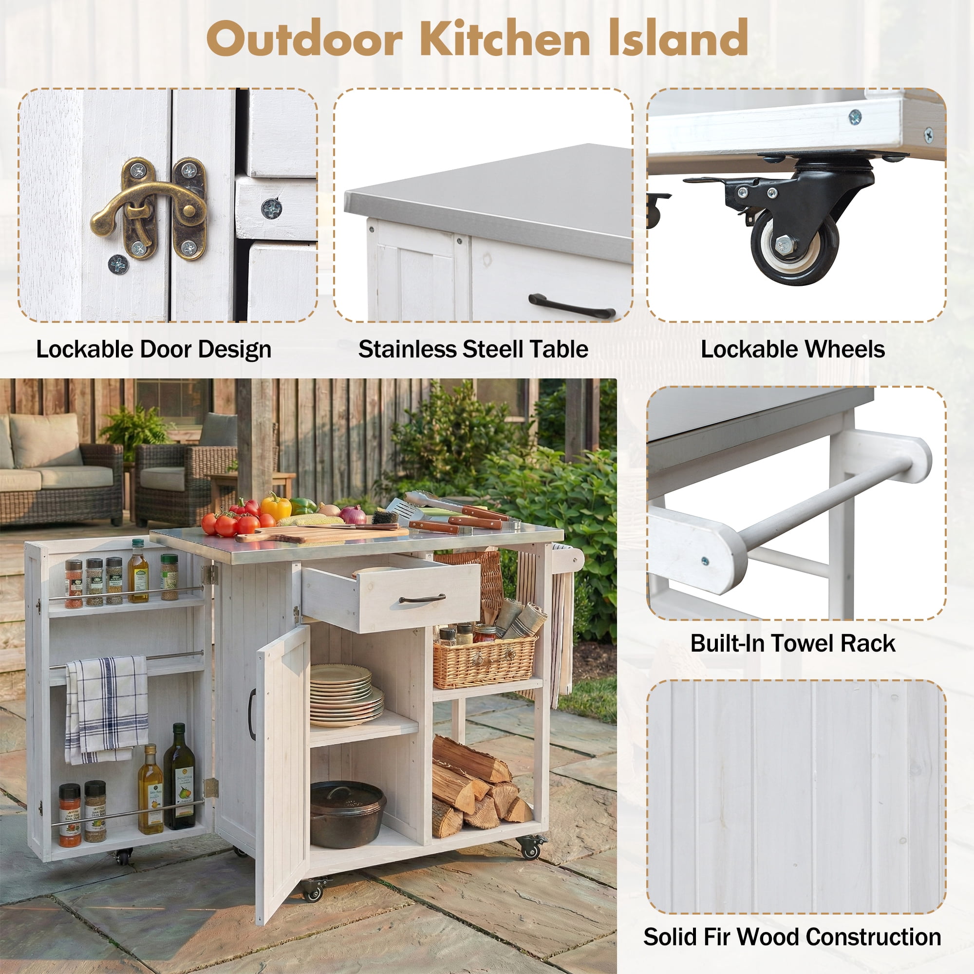 Fir Wood Kitchen Prep Station, Lockable Outdoor Cart with Stainless Steel Top for Patio, White