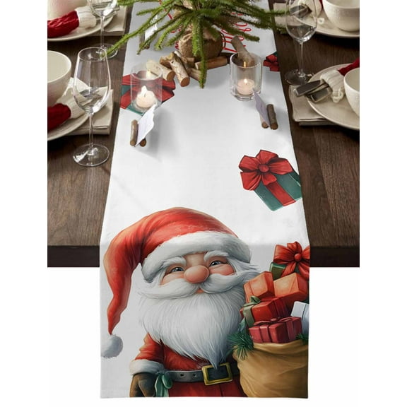 Table Runner Dresser Scarves 70 Inch Long, Merry Christmas Santa Claus Dwarf Linen Dining Table Runners Red Green Present on White Tabletop Scarf for Wedding Holiday Party Kitchen