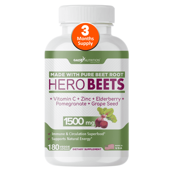 Gade Nutrition Organic Beet Root Capsules 1500 mg with Vitamin C, Zinc, Elderberry, Pomegranate & Grape Seed. Healthy Circulation Vitamins - 3 Months Supply