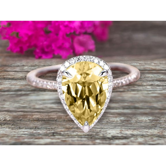 1.75 Carat 8x5mm Pear shaped Champagne Diamond Moissanite Engagement Ring 10k Rose Gold Halo setting