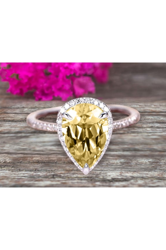 1.75 Carat 8x5mm Pear shaped Champagne Diamond Moissanite Engagement Ring 10k Rose Gold Halo setting