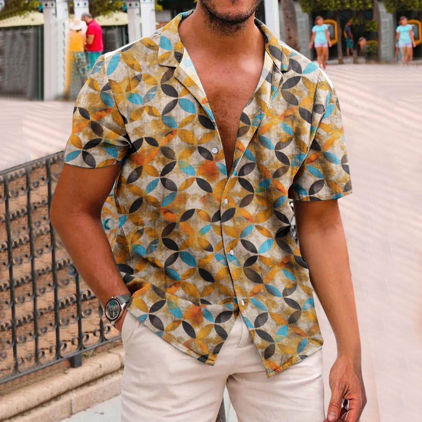 Men Button Down Summer Printed Casual Short Sleeves Lapel Shirt