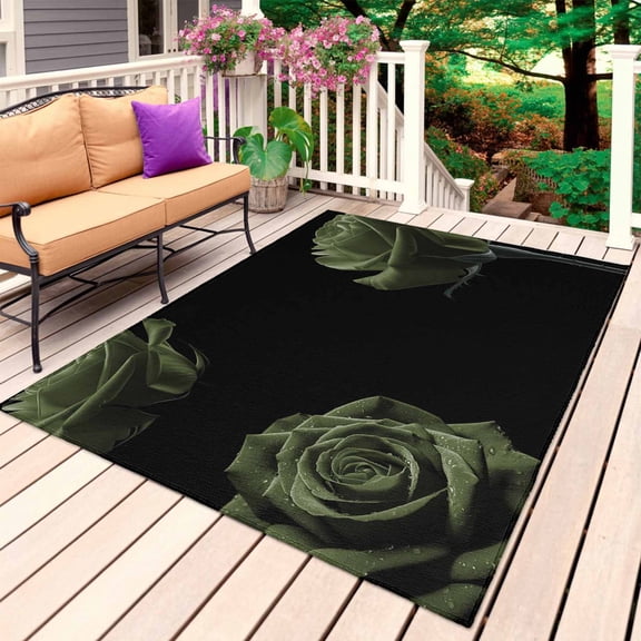 Sage Green Rose Outdoor Rug for Patio/Deck/Porch, Non-Slip Large Area Rug 6 x 9 Ft, Vintage Abstract Garden Flower Floral Black Indoor Outdoor Rugs Washable Area Rugs, Camping Rug Carpet Runner