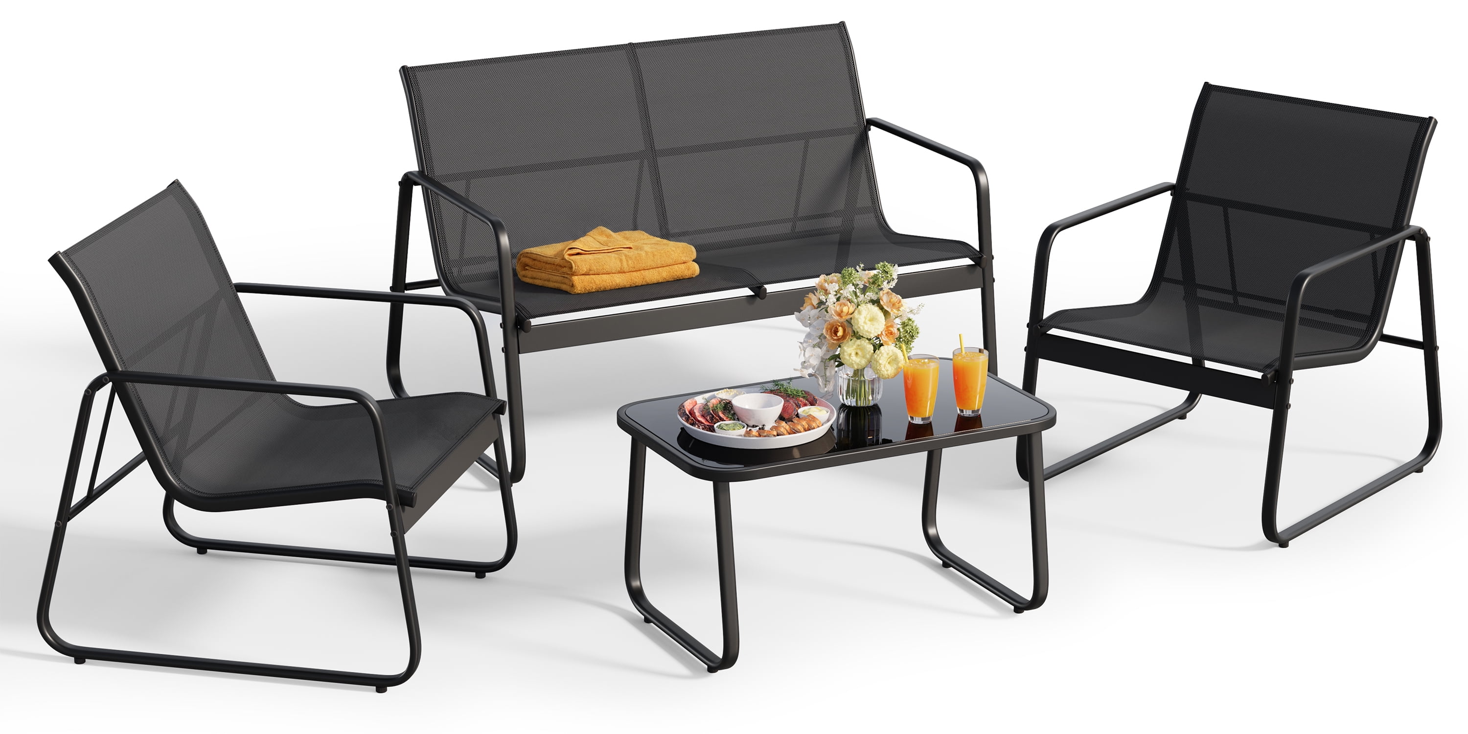 Lofka 4 PCS Patio Chairs Set, Outdoor Furniture Set with Loveseat and Cool Textile Fabric, Black