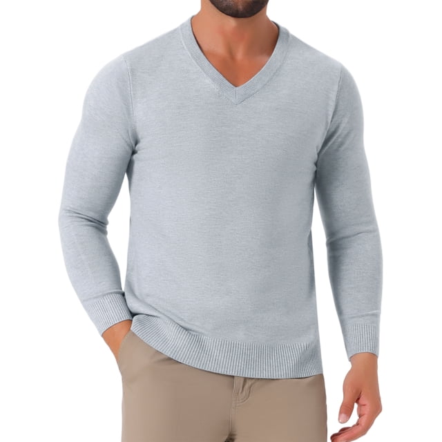 SUÉTER DE PULLOVER DE PUNTO DE COLOR SÓLIDO DE MANGA LARGA CON CUELLO EN V PARA HOMBRE S GRIS CLARO