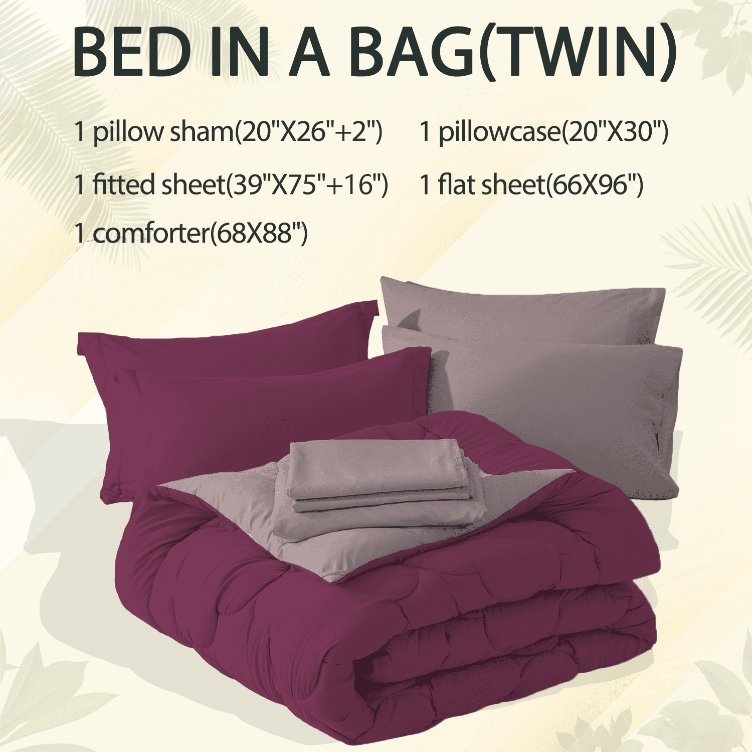 Bedtreat Twin Comforter Sets，5-Pieces Reversible Bedding Sets，Bed in a Bag with Comforter， Flat Sheet and Fitted Sheet, Pillowcase & Sham，Burnished Lilac/Amaranth