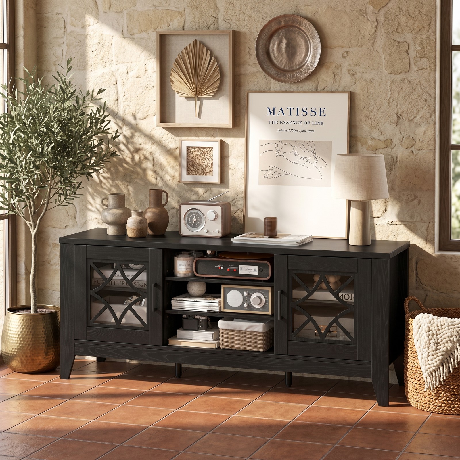 Furnibear Farmhouse TV Stand for TVs Up to 65 Inches, Entertainment Center with 4 Adjustable Shelves, Glass Door Cabinets and Cable Management, Media Console, Black