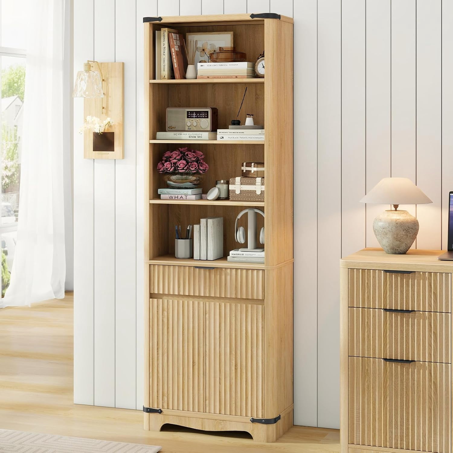 Vabches 70'' Tall Bookcase with 2 Doors and Drawer, Fluted Narrow Storage Cabinet with Metal Handle and Round Edge 6, Oak Shelves