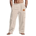 thumbnail image 2 of Mens Loose Fit Linen Pants - Summer Lightweight Elastic Drawstring Waist Casual Cargo Trousers with Pockets Brown M, 2 of 4