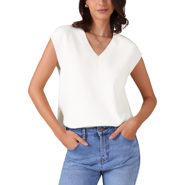 INSPIRAR CHIC Chaleco de Suéter de Mujer con Cuello en V, Sin Mangas, Acanalado, Con Corte Lateral, Elástico, Básico, Casual, Top de Verano M Blanco