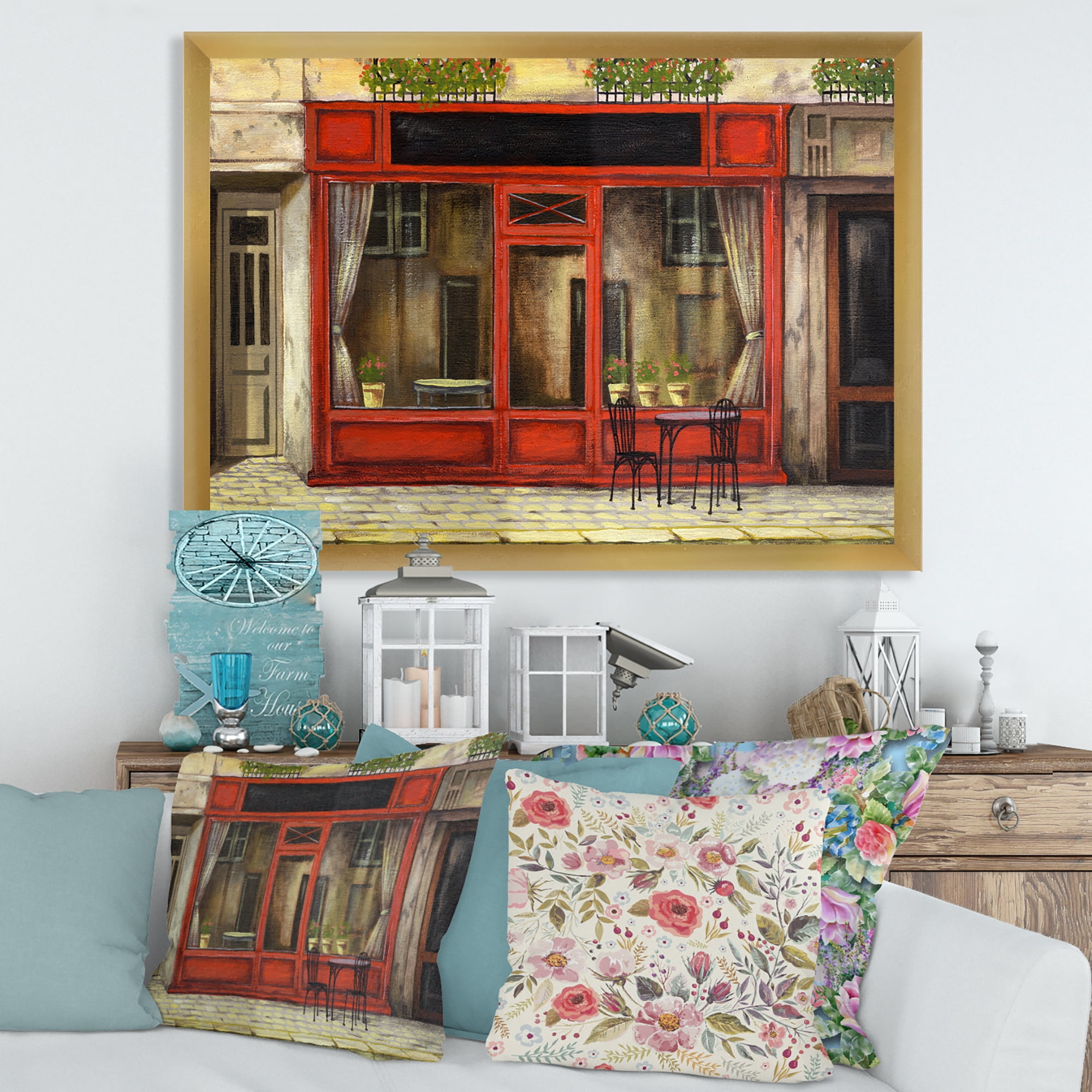 Red Facade of Charming Shop In Paris Street I 40 in x 30 in Framed Painting Canvas Art Print, by Designart
