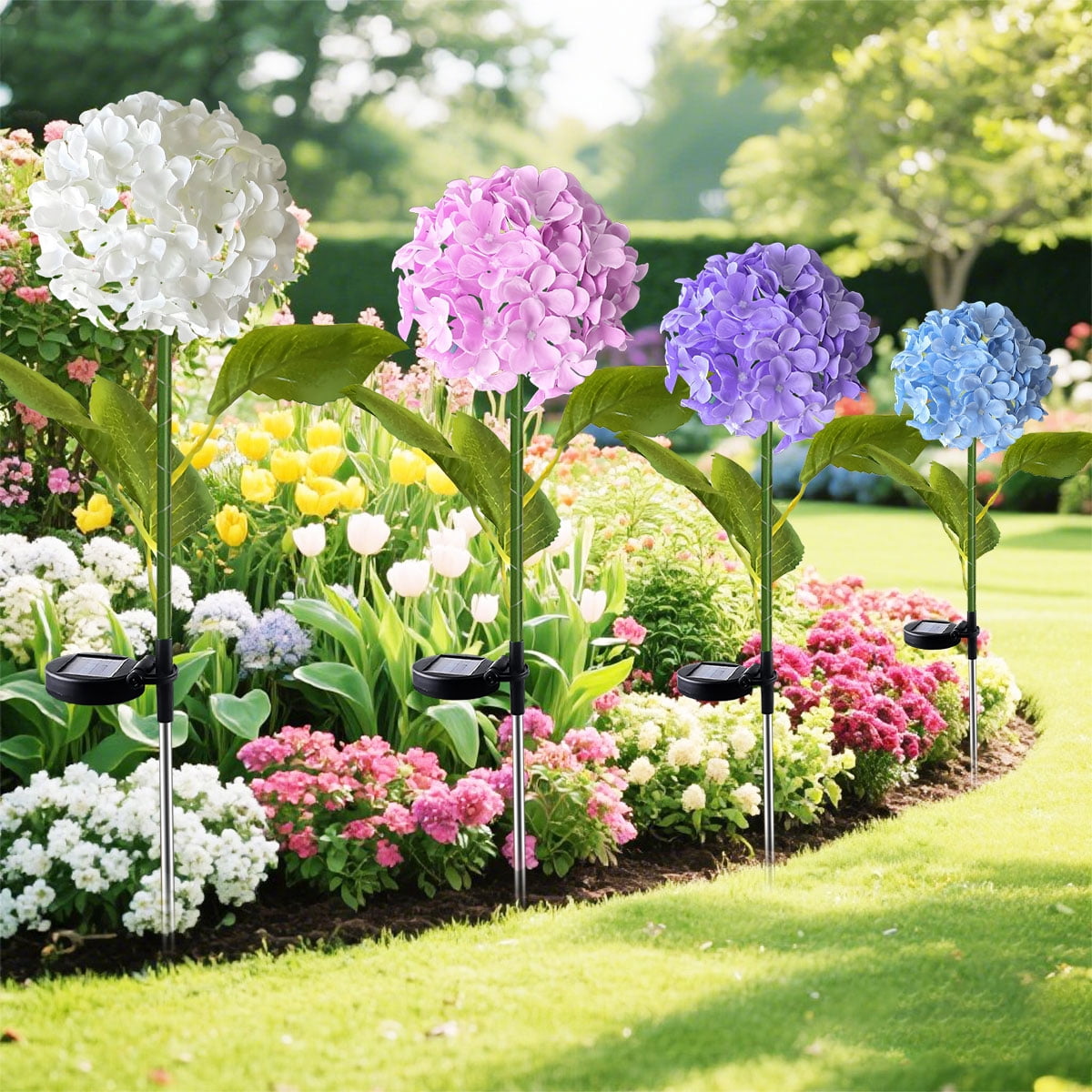 Rirool 4 Pack Solar Garden Lights Outdoor, Dual Mode Solar Hydrangea Flower Lights with 600mAh Battery, IP65 Waterproof, Warm White LED for Yard Pathway Lawn Patio Decoration