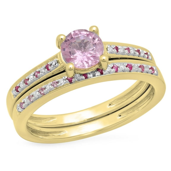Dazzlingrock Collection 10K Round Pink Sapphire & White Diamond Solitaire With Accent Engagement Ring Set, Yellow Gold, Size 7.5