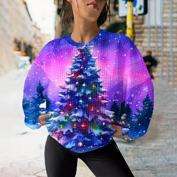 WXLWZYWL Womens Ugly Christmas Sweater Funny Sweatshirts Holiday 3D Print Trendy Cute Long Sleeve Pullover 2024 Loose Christmas Sweaters Pullover