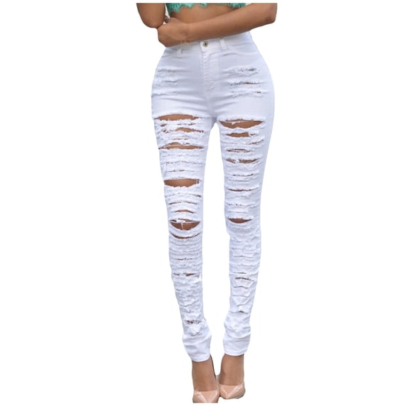 asdoklhq Women's Plus Size Pants,Women Slim Plus Size Ripped Hole Solid Color Long Jeans Denim Regular Pants