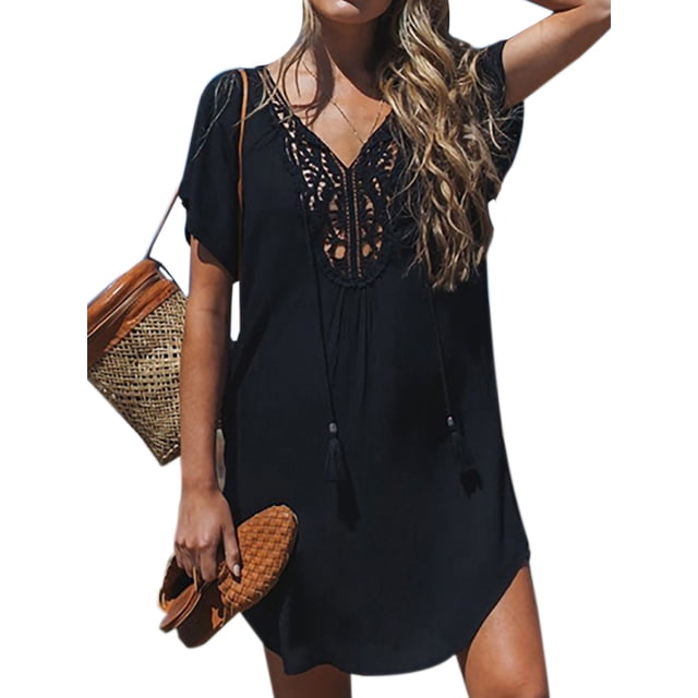 Bellella Robe d'Été de Plage pour Femmes Robe Courte Unie Col en V Mini Robe Manches Larges Couverture Fête Noir TG