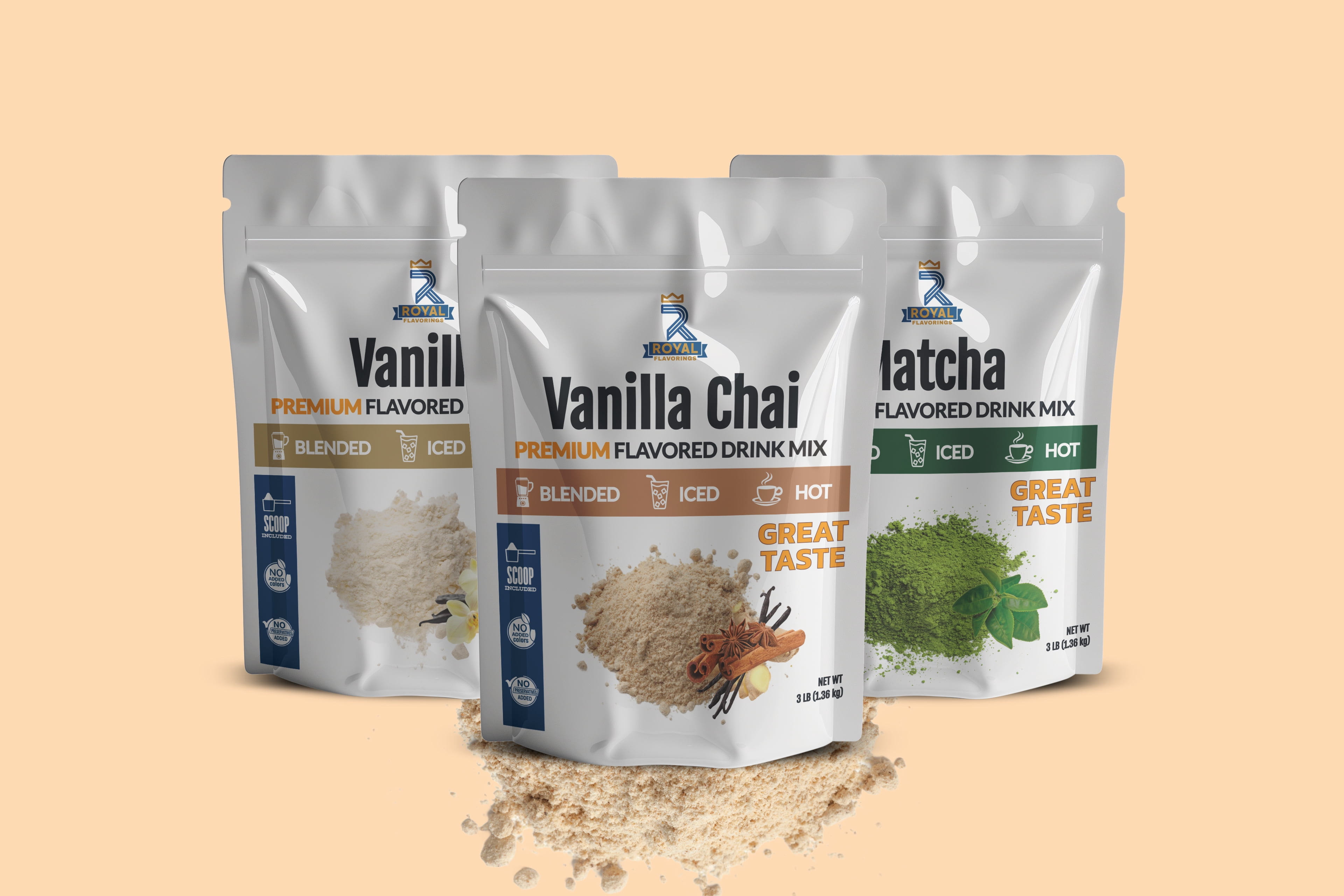 Royal Flavorings Vanilla Chai Premium Flavored Frappe Drink Mix for Blended, Iced or Hot Drinks, Stand up Resealable Bag 3 Lb.