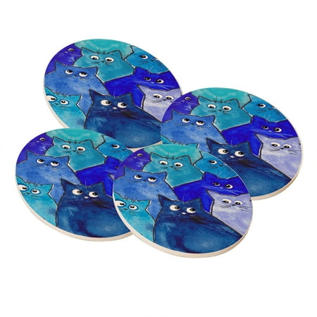 

KuzmarK Sandstone Drink Coaster (set of 4) - Whacky Blue Kitties Abstract Cat Art by Denise Every