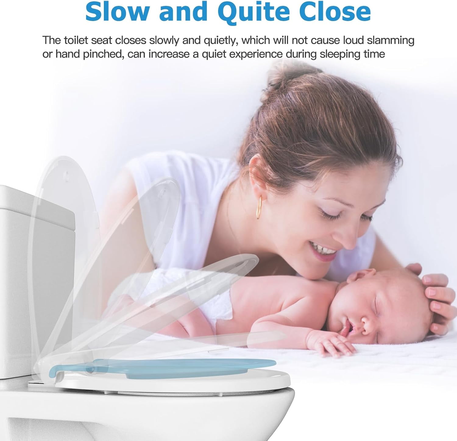 Round Toilet Seat with Built-In Potty Training Seat for Adult and Child Use, Soft Quiet-Close Lid with Non-Slip Design, Magnetic Kids Seat in Blue, Easy to Install and Clean 17''
