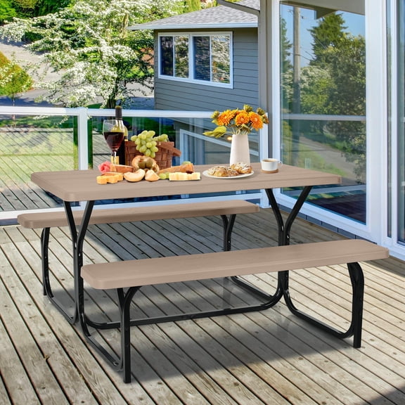 54 Inch Brown HDPE Outdoor Picnic Table Bench Set with Metal Base for 4 People