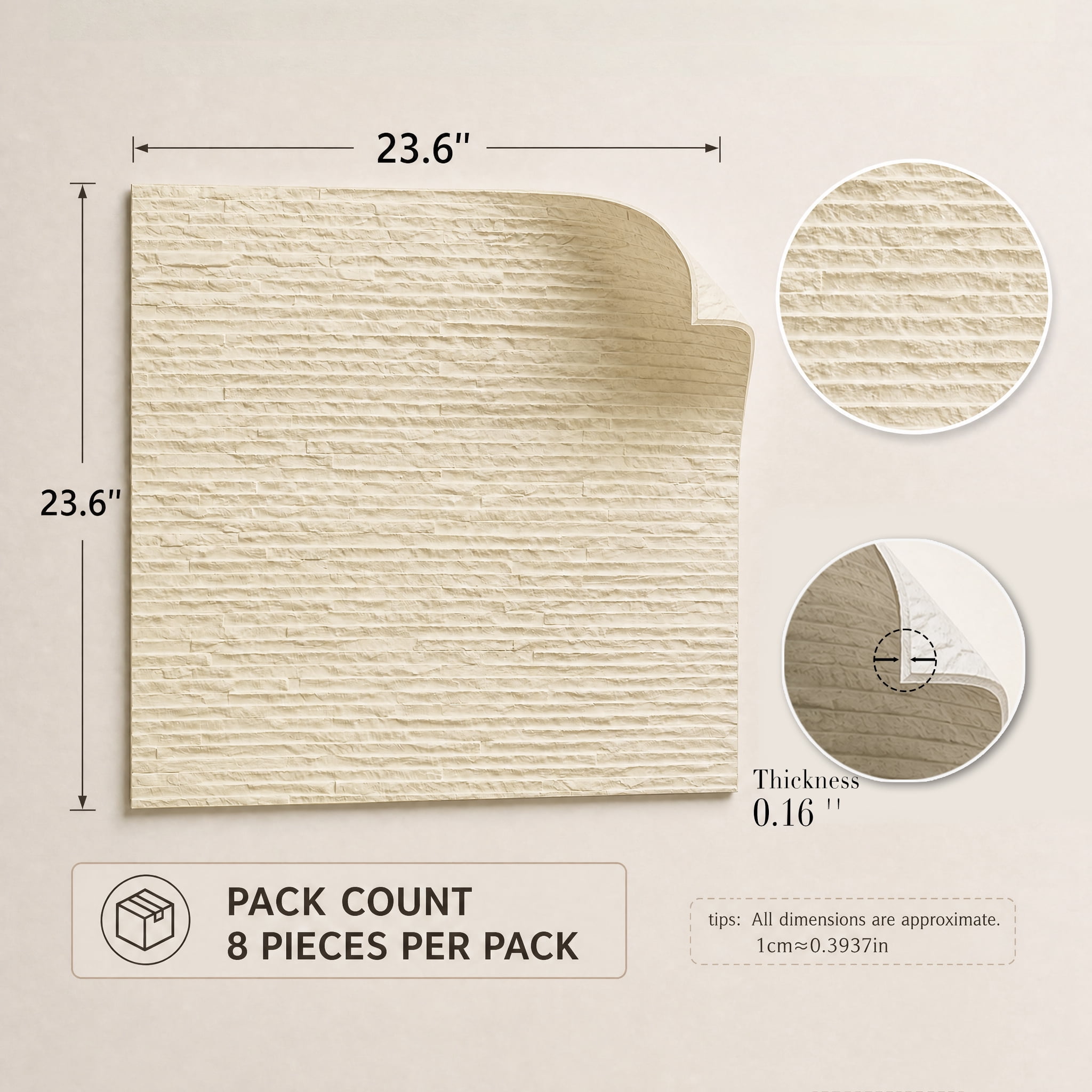 Real3D 8Pcs 24"x24" Faux Stone Wall Panels 3D Textured, Flexible Real Sand Finish Decorative Wall Tiles,Creamy White