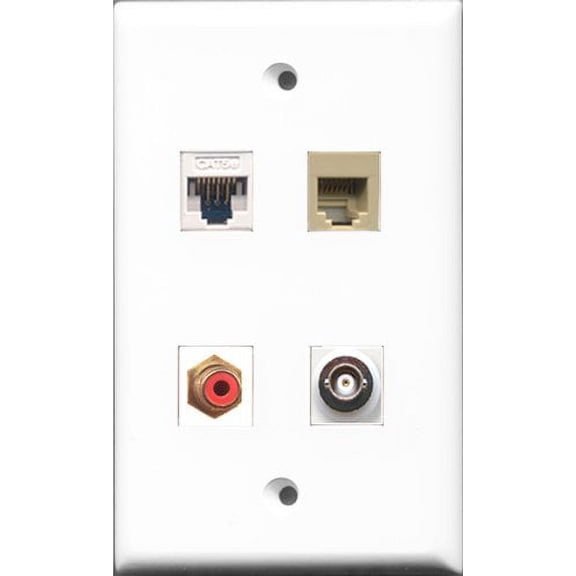 RiteAV 1 Port RCA Red and 1 Port Phone RJ11 RJ12 Beige and 1 Port BNC and 1 Port Cat5e Ethernet White Wall Plate
