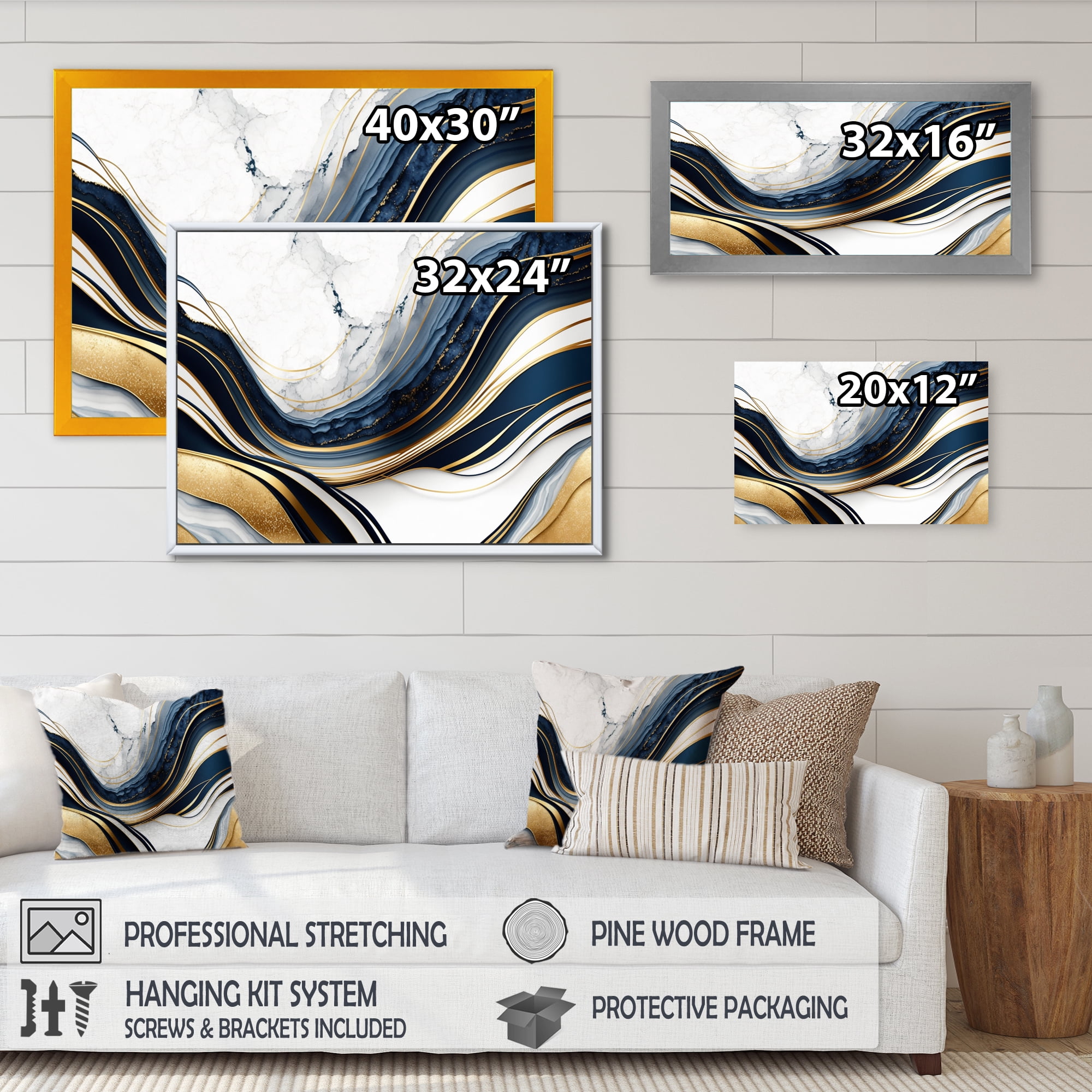Designart Abstract Geode Waves Blue And Gold III Canvas Wall Art
