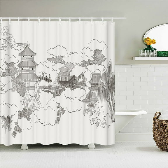 Chinese-style Ink landscape Printed Fabric Shower Curtains Waterproof Bathroom Curtain 180X180cm Bathroom Decor with 12