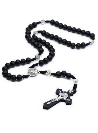 Catholic Cross Necklace with Wooden Beads Rosary Religious Wear