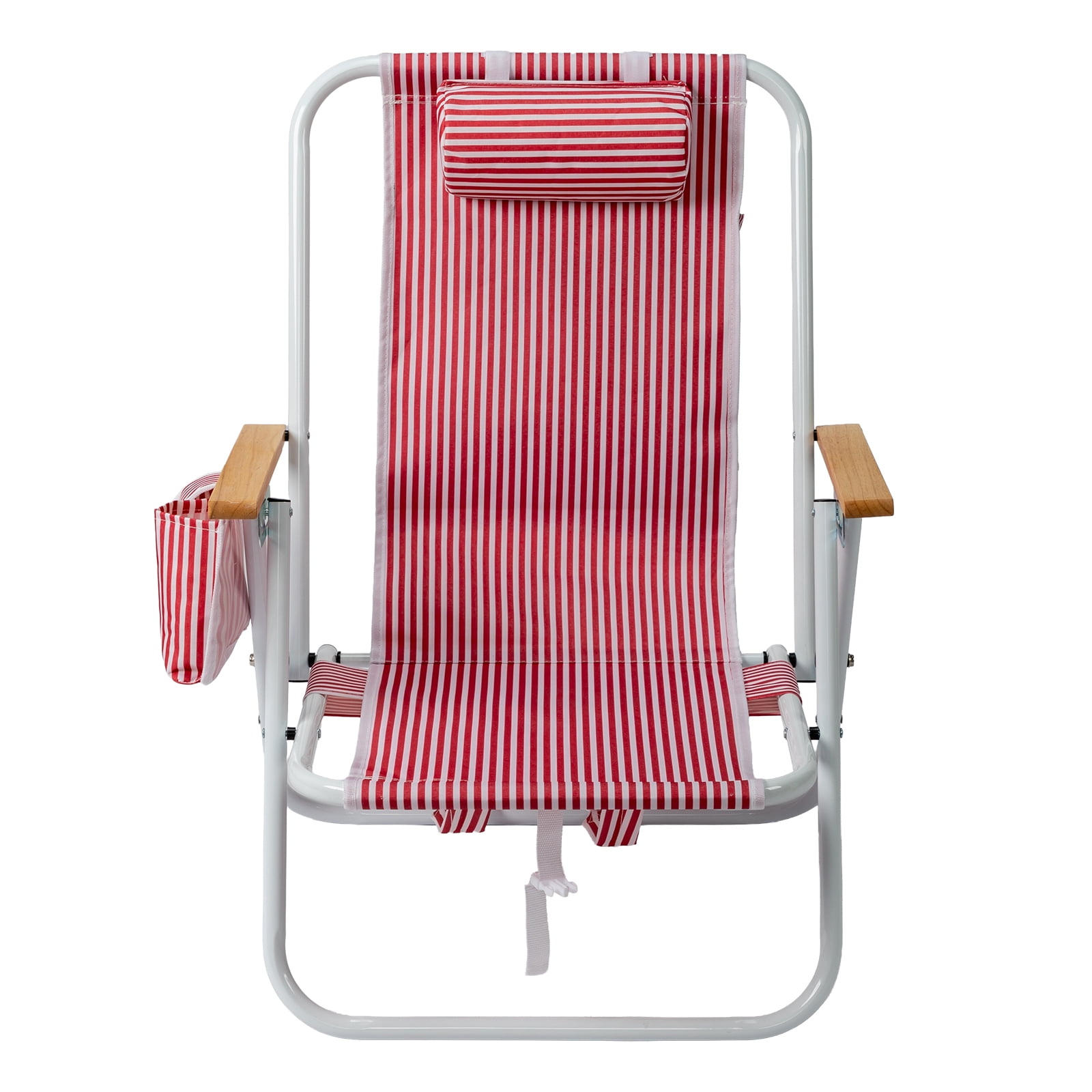 4-Position Adjustable Backpack Beach Chair, Foldable Rustproof Aluminum Frame Lounge Chair with Wooden Armrest, Side Storage Pockets & Detachable Pillow, 24"x22"x37"