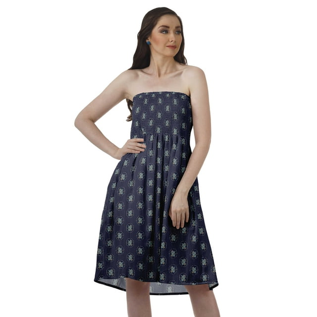Moomaya Robes d'Été Sans Bretelles pour Femmes en Crêpe Imprimé, Robe Tube Smockée pour Femmes