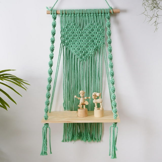 Estante flotante para colgar en la pared de macramé, soporte para colgar libros, organizador de almacenamiento para exteriores Verde perfecl Estante de pared de macramé
