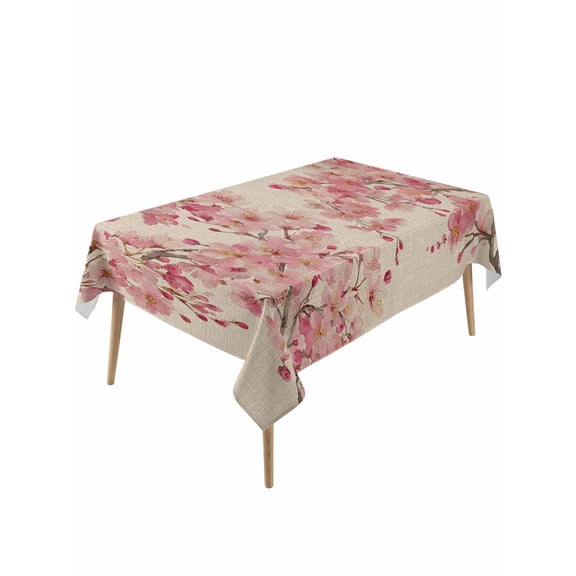 Peaches Branches Rectangle Tablecloth, Farmhouse Spring Botanical Pink Flowers Waterproof & StainResistant Tablecloth, Washable Oil-proof Table Cover for Dining/Party/Wedding/Camping/Buffet 54x108 In