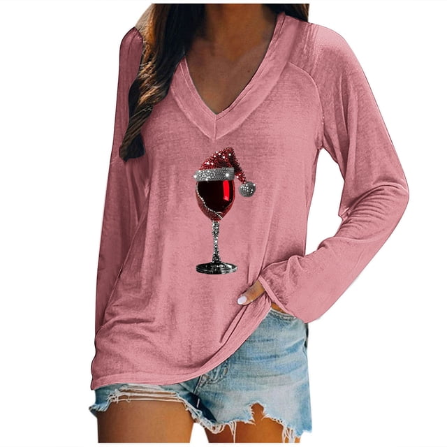 Blouses pour Femmes, Blouses pour Femmes Mode, Blouse de Noël Imprimée Ample à Manches Longues Col en V Décontractée, Blouses pour Femmes Mode, Blouses à Manches Longues pour Femmes