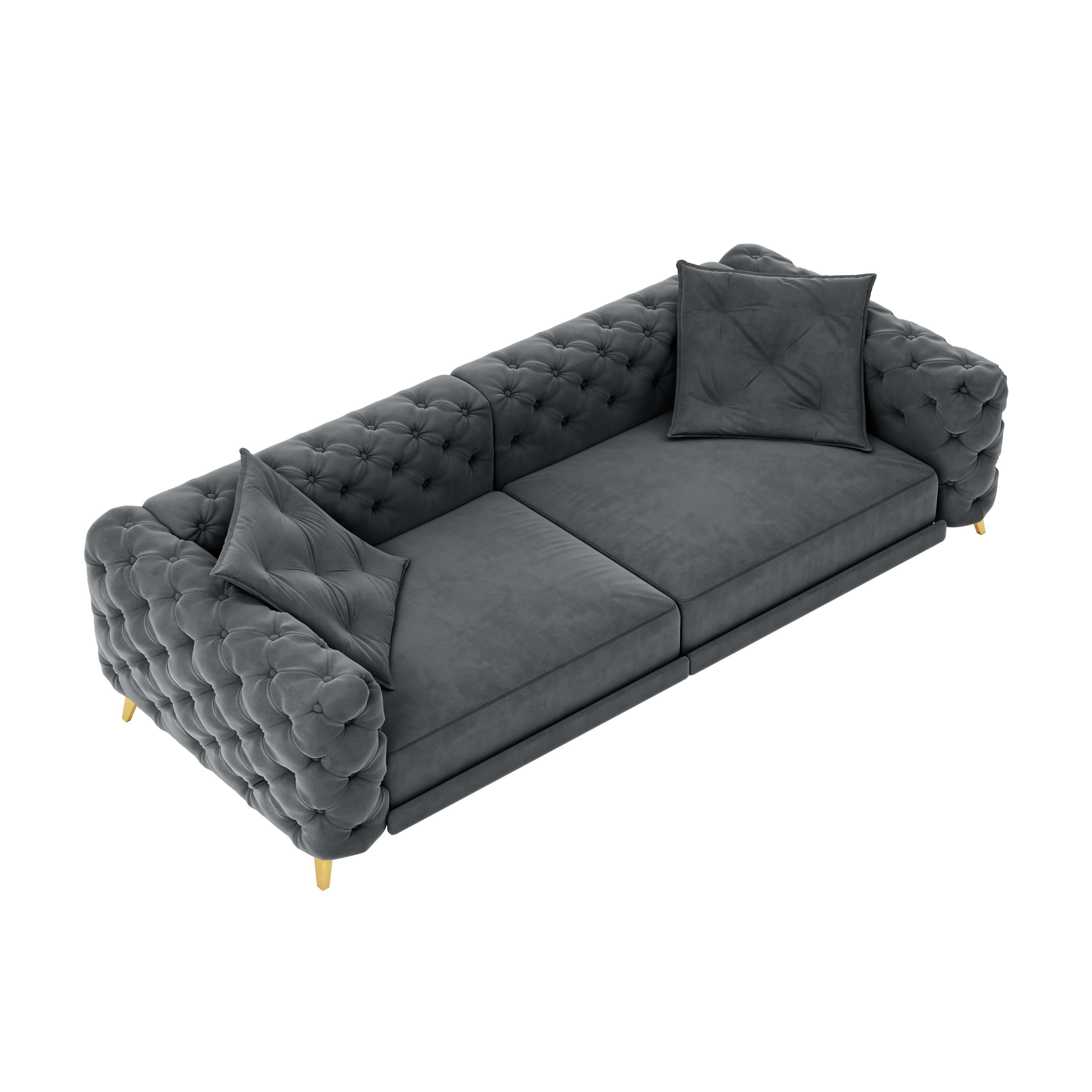 3-in-1 Velvet Sleeper Sofa Bed, 97.7" Modern Button Tufted Convertible Pull Out Couch with Gold Metal Legs & Deep Seat for Living Room, Drak Gray