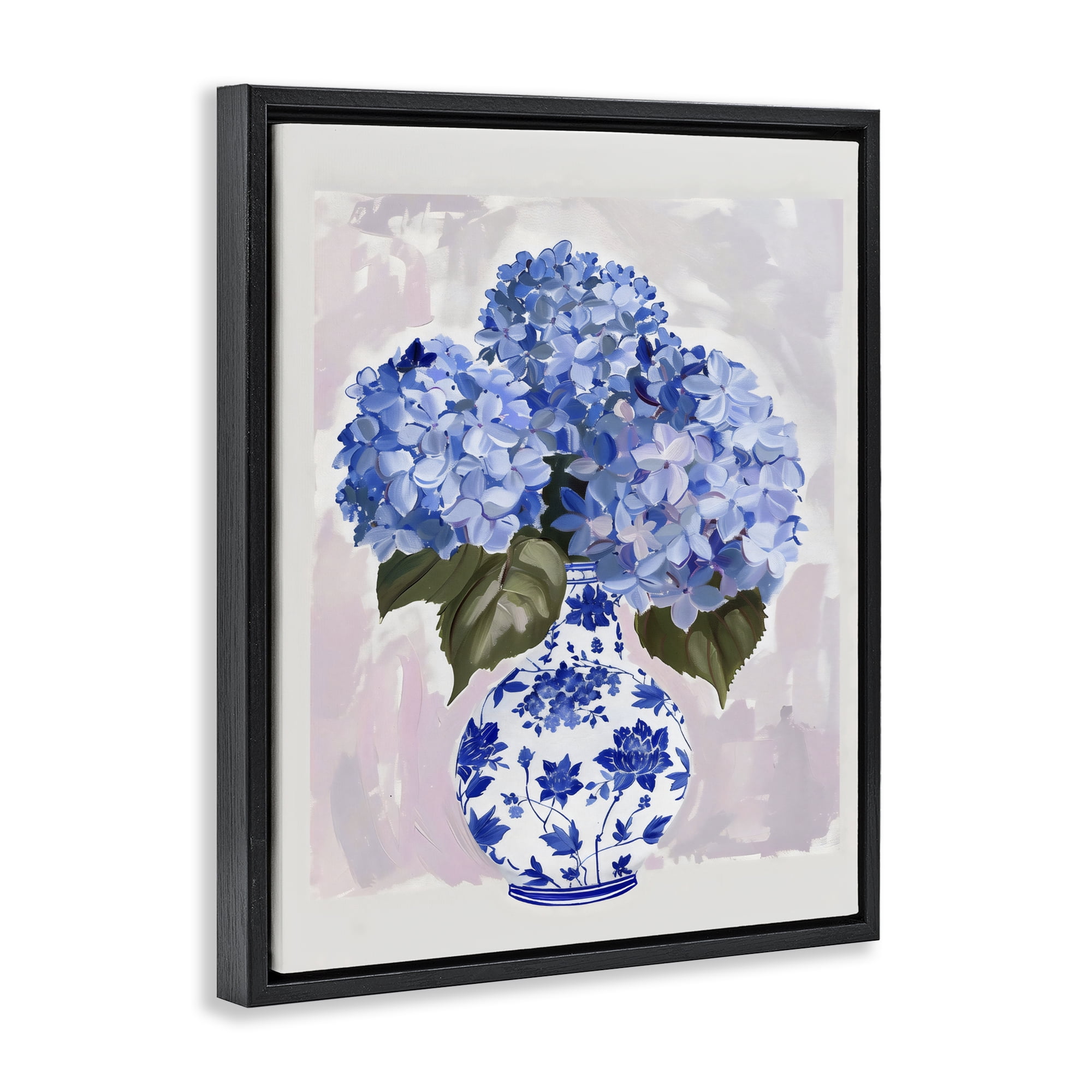 Stupell Industries Blue Hydrangea in Porcelain Vase Black Framed Floater Canvas Wall Art, design by The Prints Vibe