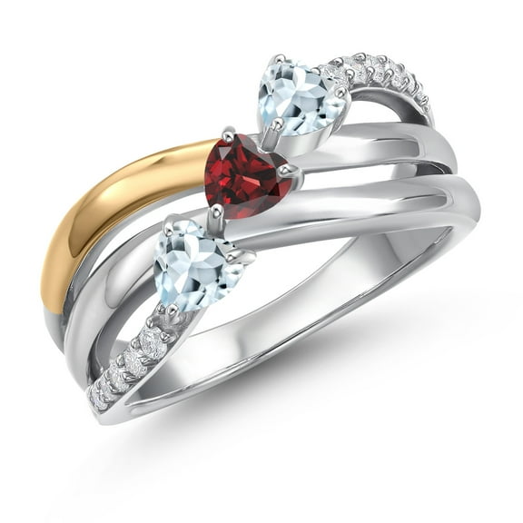 Gem Stone King 925 Silver and 10K Yellow Gold Sky Blue Aquamarine and Red Garnet and Lab Grown Diamond Engagement Ring for Women | 0.92 Cttw | Heart Shape Gemstone March Birthstone | Size 7