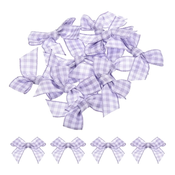 10Pcs Mini Gingham Ribbon Bow 1.5" Checkered Fabric Satin Ribbon Bows for Craft Light Purple and White
