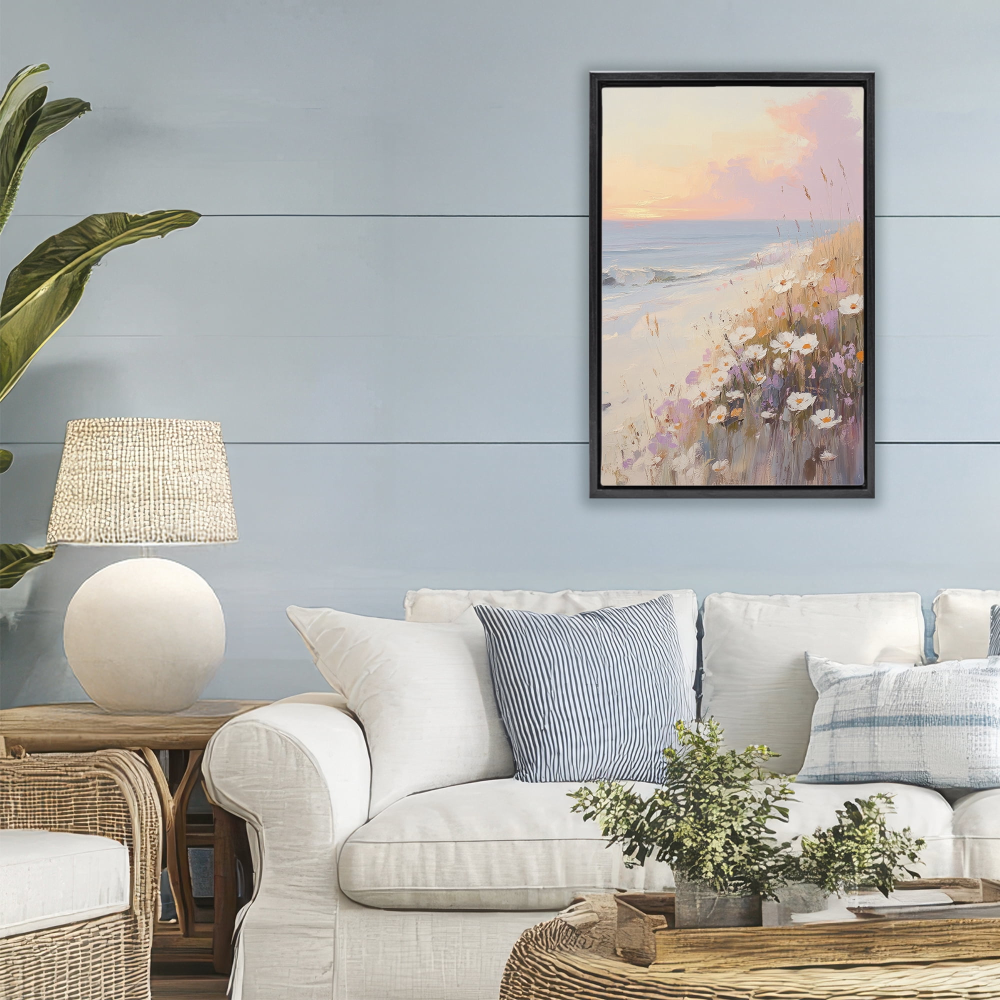 Stupell Industries Pastel Sunset Wildflowers By Sea Black Framed Floater Canvas Wall Art, design by Sisi and Seb