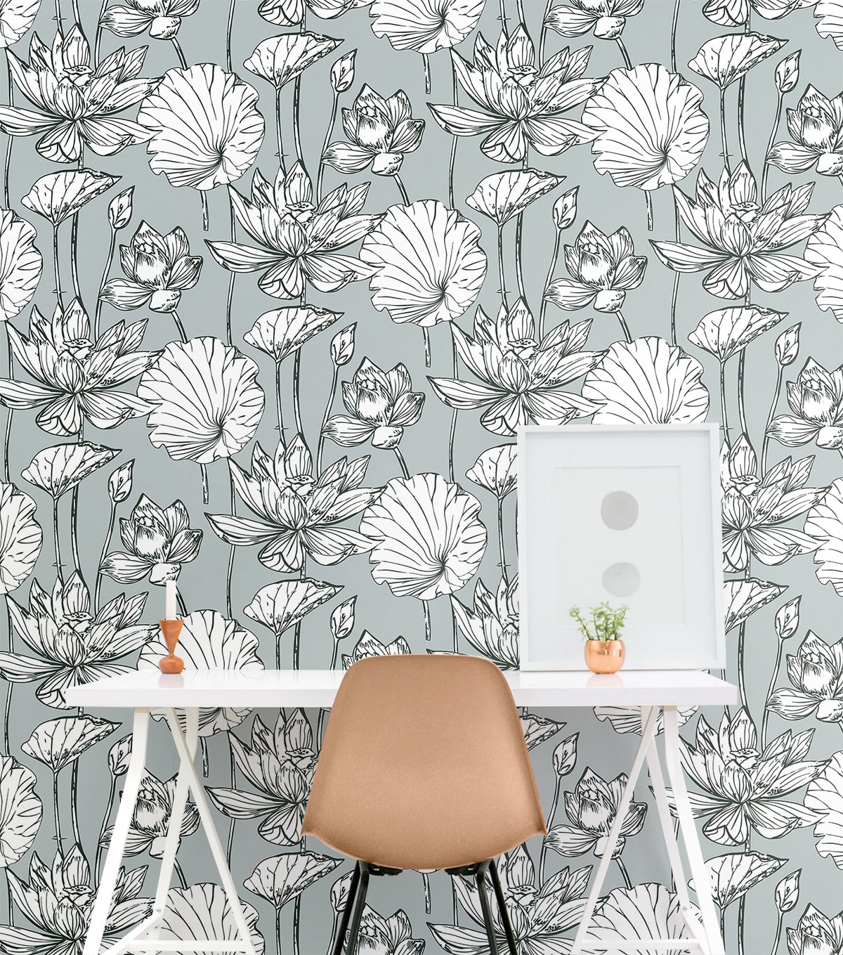 NextWall Gray & Ebony Lotus Floral Peel and Stick Wallpaper