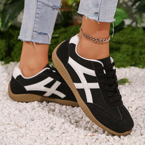 HTHLVMD Retro Stripe Sneakers for Women, Lace-Up Low-Top Casual Shoes, Women's Retro Two-Tone Low-Top Lace-Up Sneakers, Slip-On Suede Non-Slip Fashionable Casual Walking Shoes, Black 5.5