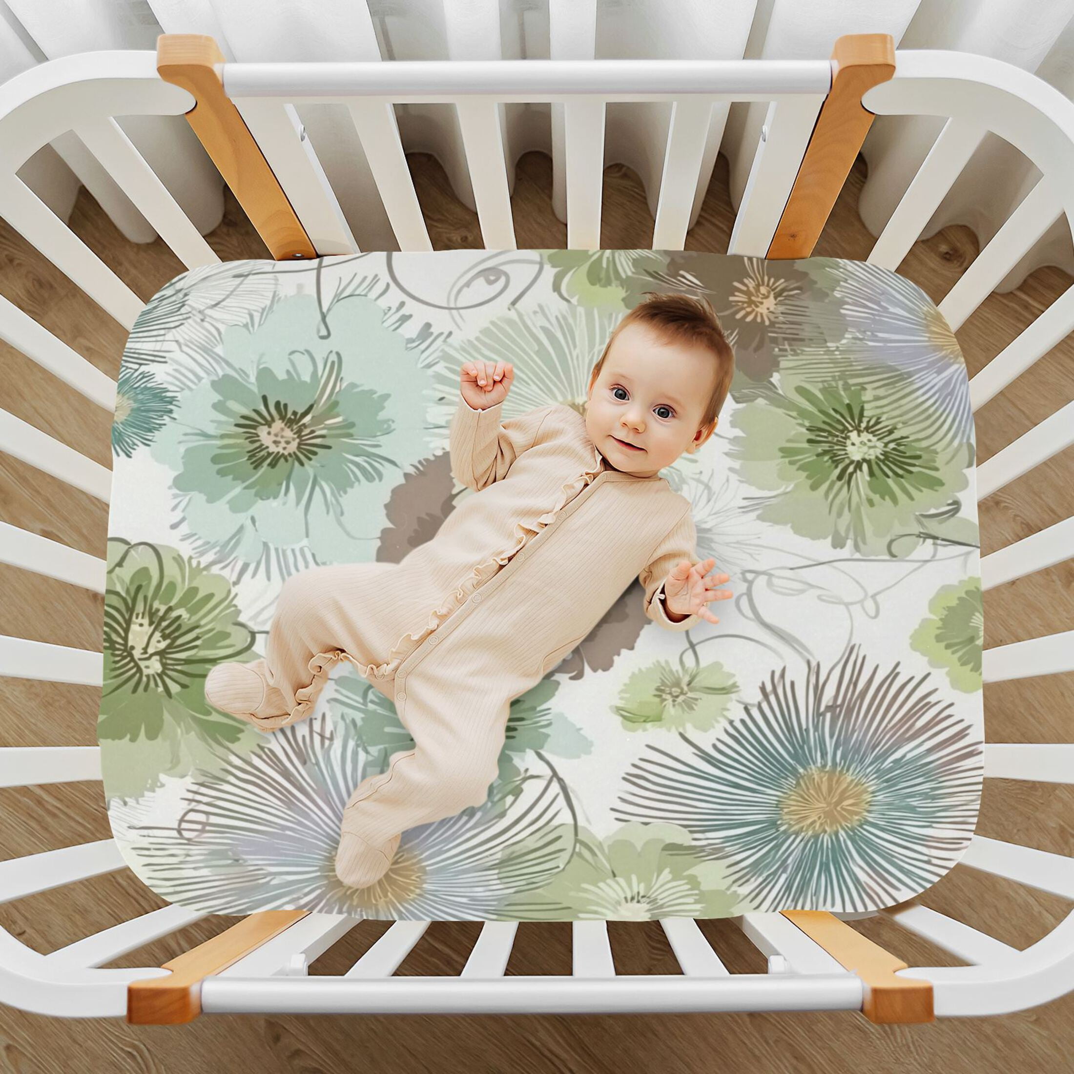 Baby Essentials 52”x 28”- Standard Cotton-like Modal Elastic- Abstract Flowers Design Crib Sheets for Newborns and Toddlers
