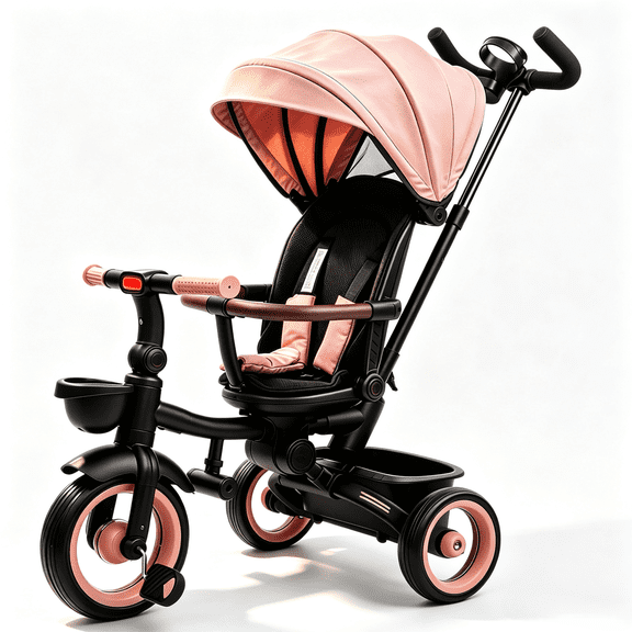 XJD Multifunctional 7-in-1 Baby Tricycle Stroller – Foldable Lightweight Toddler Ride-On, Convertible Push Trike with Safety Harness for Ages 1-5, Pink