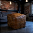 thumbnail image 6 of Brown Leather Cobbler Pouf Ottoman, Industrial Square Footstool with Patchwork Stitching for Living Room Seating Decor, 6 of 8
