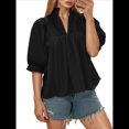 thumbnail image 2 of Blusa con Cuello en V y Mangas Abullonadas para Mujer, Estilo Babydoll, Peplum, Elegante, Informal, Plisada, Holgada. Negro XL, 2 of 6