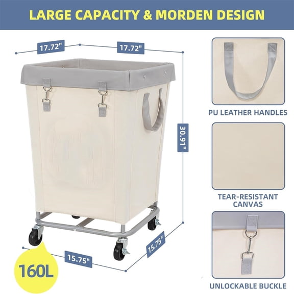 Commercial Laundry Hamper with Heavy Duty Steel Frame, 160 L Industrial Laundry Basket Cart with Wheels for Hotel, Home, Laundry Room, 17.72''L x 17.72''W x 30.91''H, Medium Beige