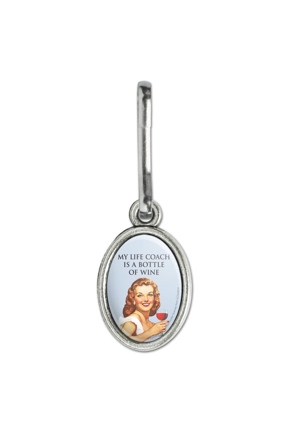 My Life Coach is a Bottle of Wine Funny Humor Antiqued Oval Charm Clothes Purse Suitcase Backpack Zipper Pull Aid